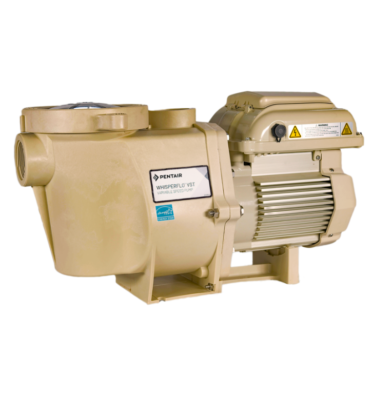 Beige Pentair WhisperFlo VST pool pump with a horizontal cylindrical motor, labeled on the side, helps streamline Pool Maintenance for Advanced Pool and Spa in St. Louis; features a vented cover and various warning stickers on the top housing.