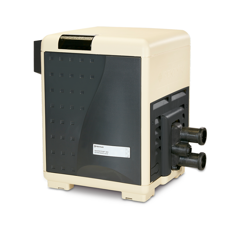 A beige and black pool heater unit with three pipe connectors on the side, a vented panel, and a label on the front panel—perfect for Advanced Pool and Spa enthusiasts seeking reliable pool maintenance in St. Louis.