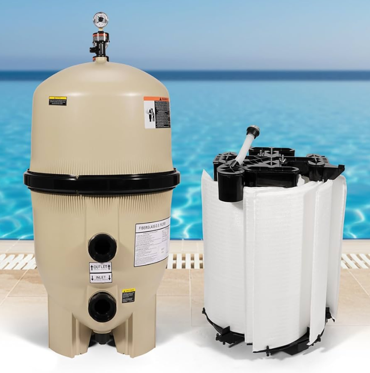 A pool filter with a pressure gauge stands by a swimming pool in St. Louis, next to its disassembled internal filter elements on the tiled poolside—perfect for showcasing professional Pool Maintenance or Pool Services. The water and edge are visible in the background.